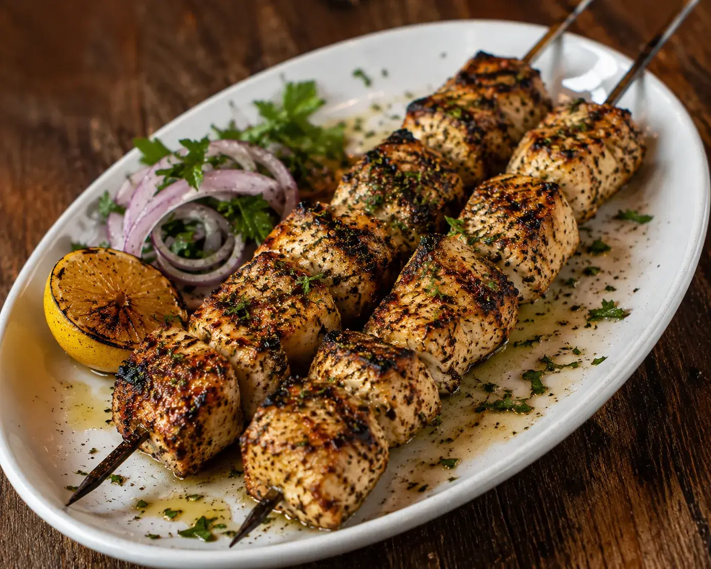 Grilled chicken breast skewers with charred lemon and red onion