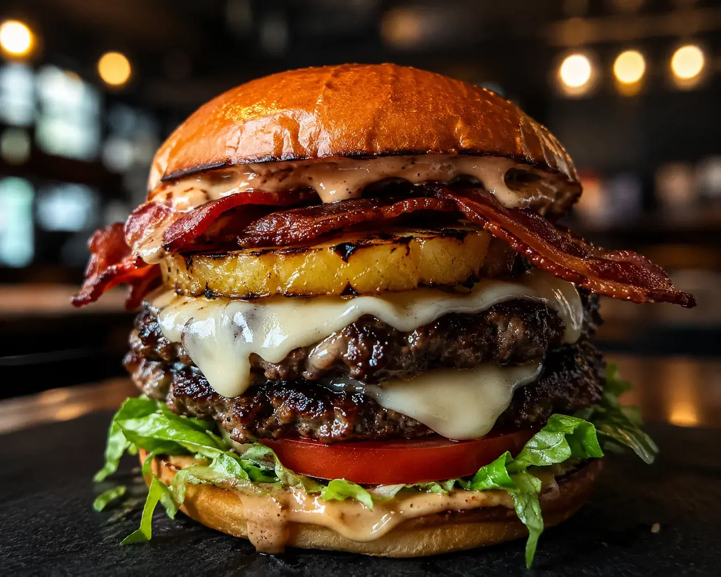The Tecumseh Titan smash burger at Flamin' Moe'z in Windsor — double patty with grilled pineapple, mozzarella and beef bacon