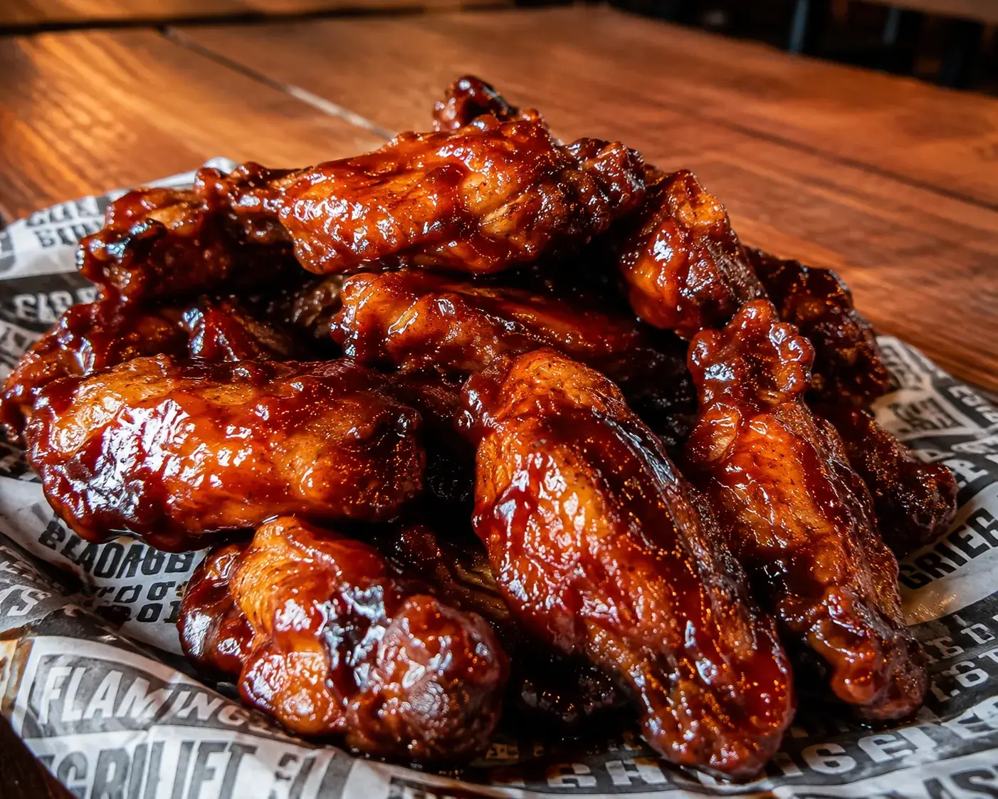 Chicken wings tossed in Glaze of Glory BBQ sauce